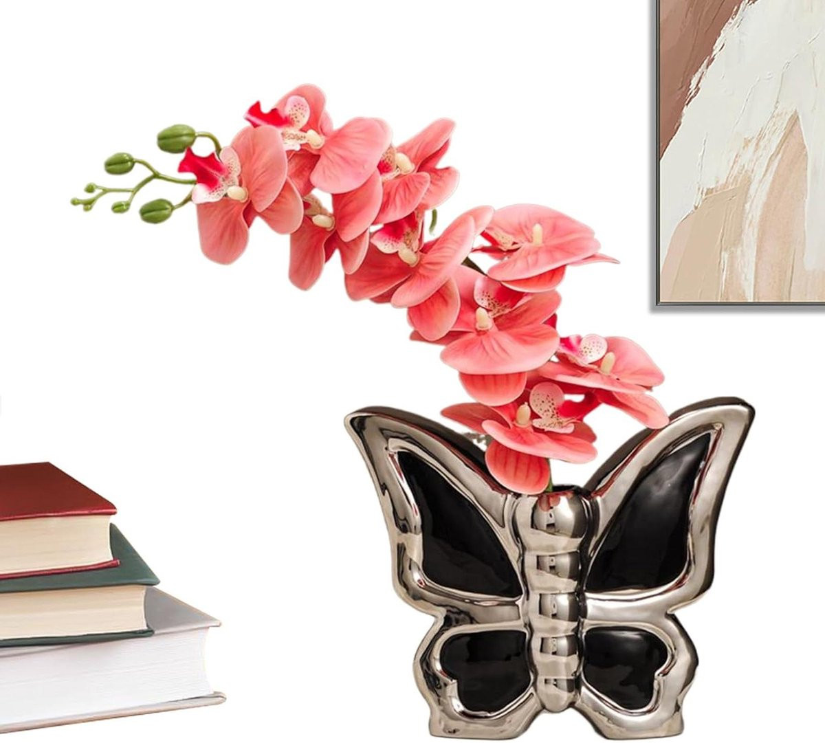 Wit Keramische Vaas met Vlinder Design - Bloemenhouder voor Decoratie - B/D/H: 28 x 21 x 28 cm