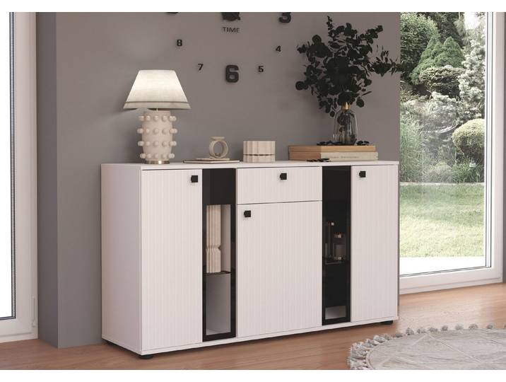 Küchen-Preisbombe Kommode Salsa 2 Lamellenoptik Anbauwand Wohnwand Sideboard MDF Weiss matt