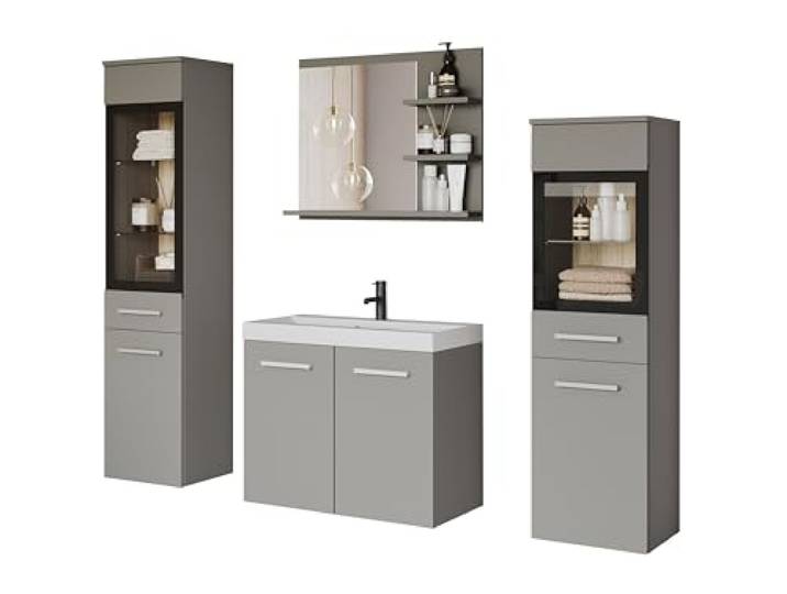 PIASKI Badmöbel-Set Udine I, Badmöbel-Set, LED-Beleuchtung, optionales Waschbecken, Farbe San Remo (Grau)