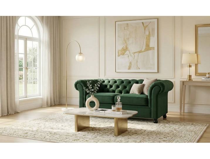 2-Sitzer HOME AFFAIRE BRONNOY Chesterfield Sofa mit aufwendiger Knopfheftung, Breite 152 cm , grün (dunkelgrün), B:152cm H:75cm T:90cm, 100% Polyester, Sofas, 2-Sitzer, Sofa mit geschwungenen Armlehnen, Chesterfield-Optik, Glamour