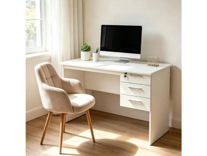 Bureau ordinateur blanc en bois 120 cm avec 3 tiroirs serrure meuble de bureau moderne TYNQER
