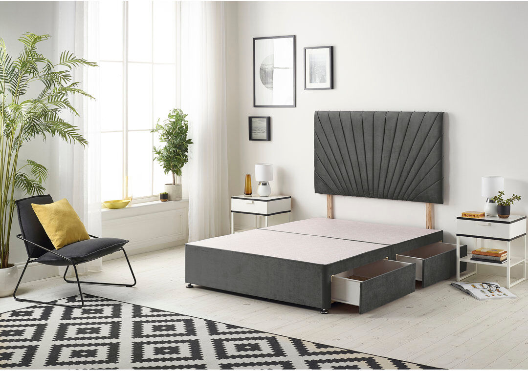 Fairmont Park Schofield Sprung Memory Foam Divan Bed Set with Headboard and Drawer Options Charcoal Single (3')