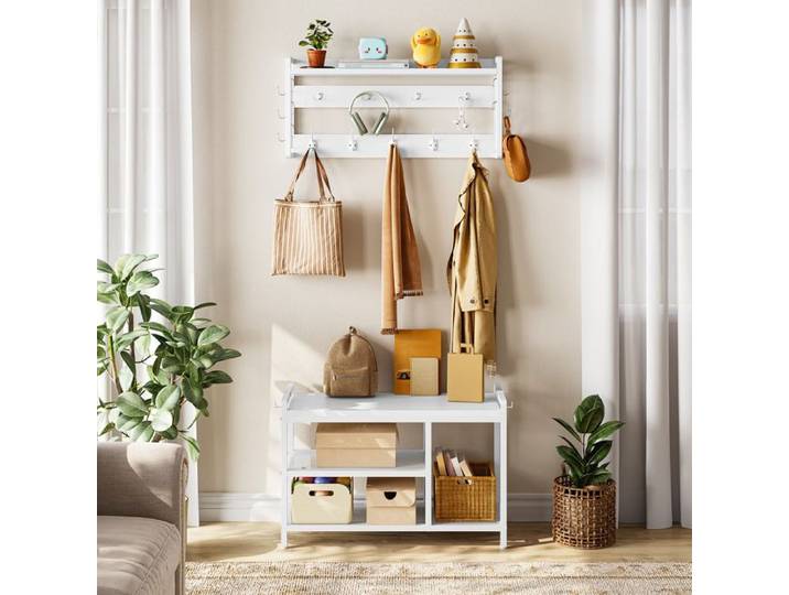 HOOBRO Porte-Manteau avec Banc à Chaussures Meuble d'EntrÉe avec ÉtagÈre À Chaussures pour Couloir Salon Blanc