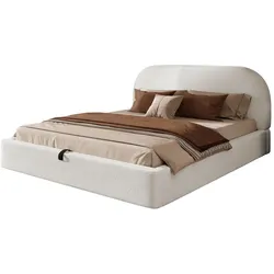 OKWISH Polsterbett 180x200 mit hydraulischem Stauraum, gepolstertem Kopfteil und Bouclé-Bezug in Beige – Komfort und Funktionalität