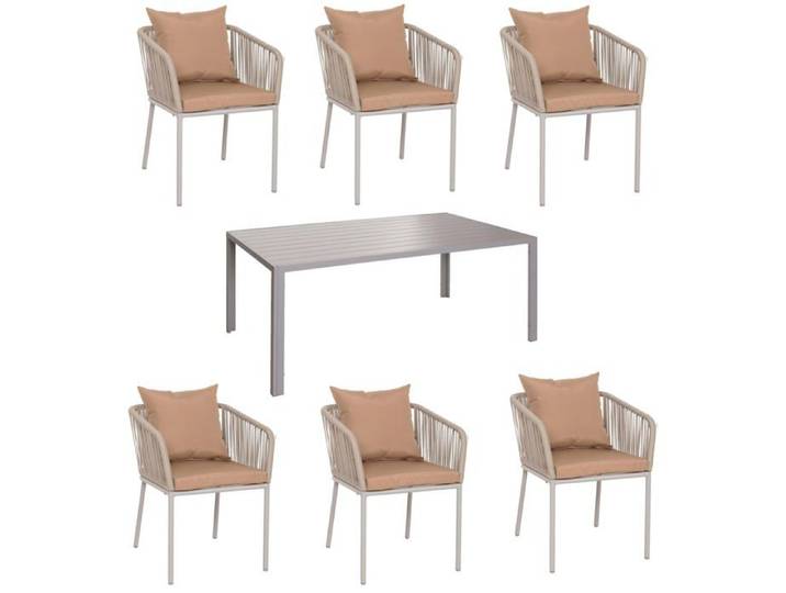 Salon de jardin avec table 180x80 cm + 6 chaises en aluminium et corde tressee gris coussins taupe 04_0010087
