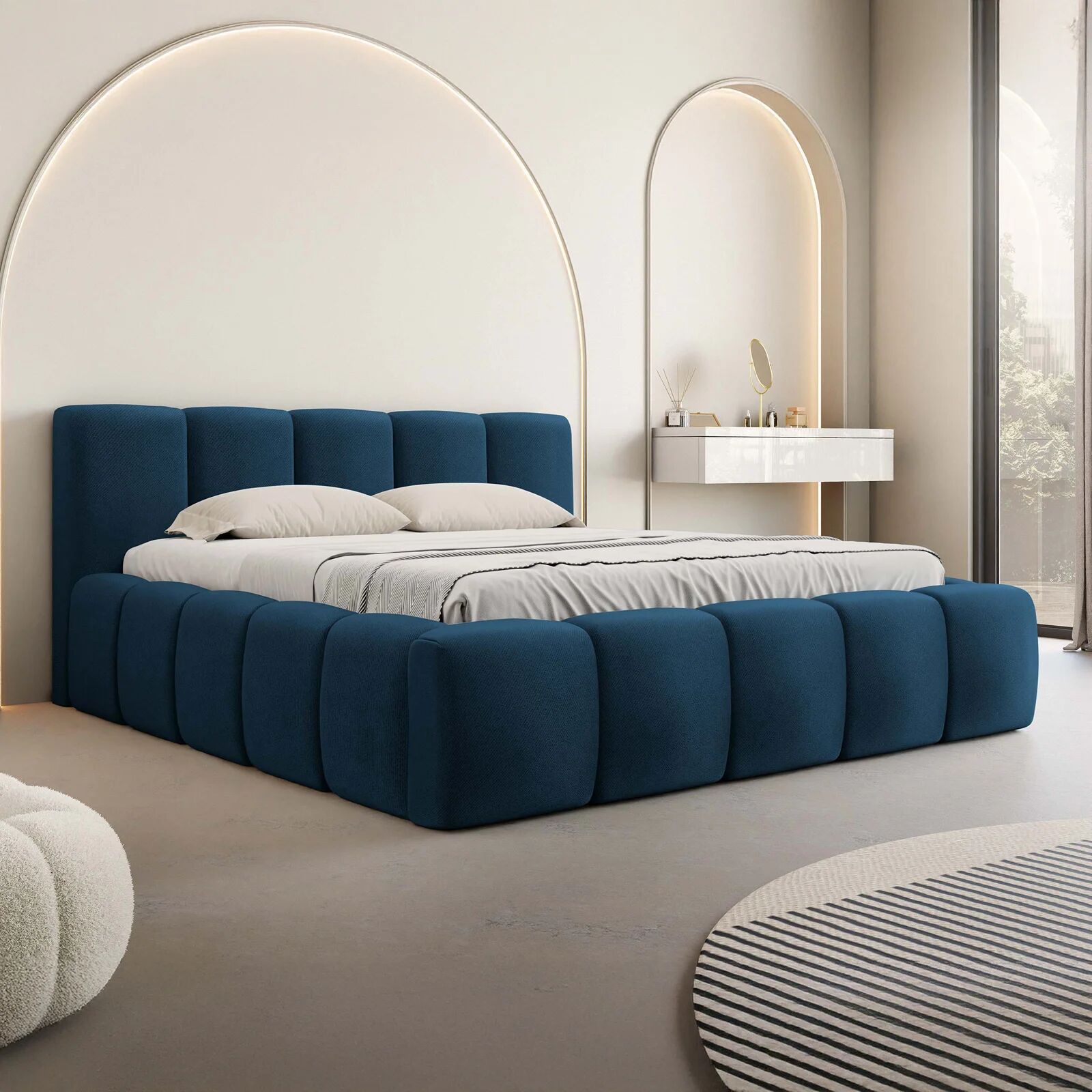 garneroarredamenti Letto alla francese 140x200cm con rete contenitore imbottito blu Aluna