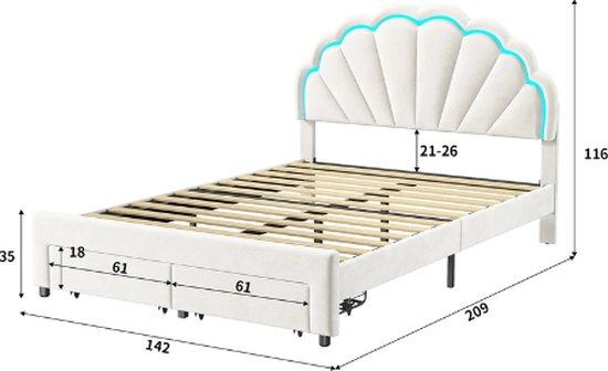 Famanu Bett Mädchenzimmer - Gestepptes Bett mit Blumen-Kopfteil - Mit Lattenrahmen - 140x200 cm - Weiß