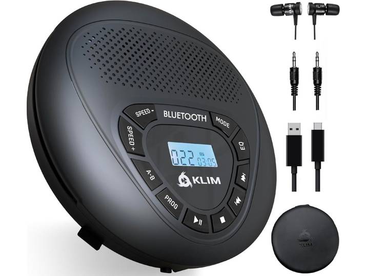 KLIM Speaker tragbarer CD-Player (Discman mit Kopfhörer, ideal fürs Auto, AUX, mit Lautsprecher)