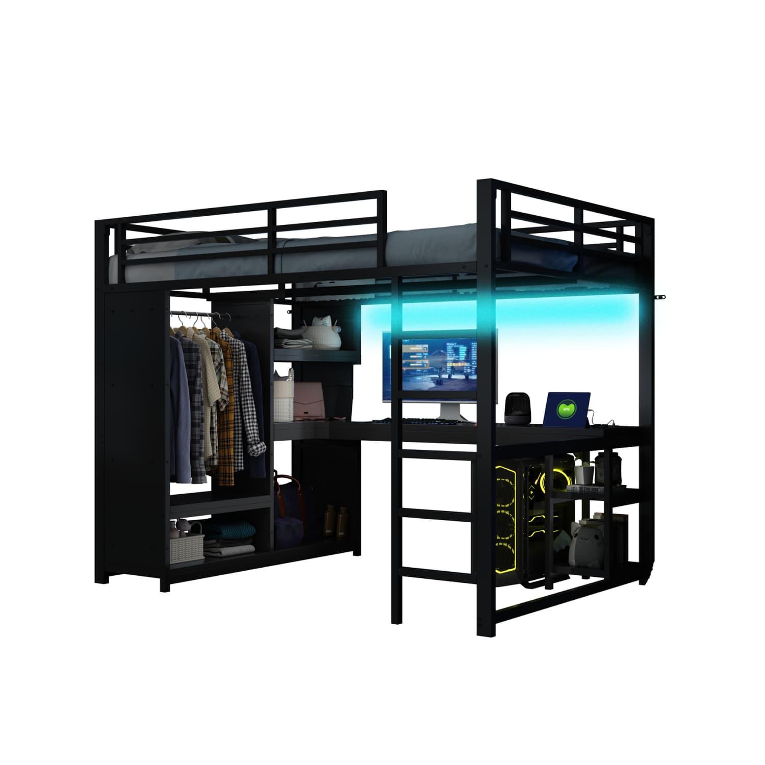 140x200 Metall-Gaming-Hochbett mit LED, Schreibtisch, offenem Kleiderschrank und Ablagefächern, Schwarz