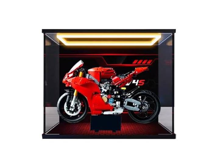 HCAEIOFJ Transparente Acryl-Vitrine für Lego Technic 42202, anwendbar für Ducati Panigale V4 S Motorrad, entworfene Displaybox, Geschenk (nur Vitrine) (Hintergrund + Oberlicht)