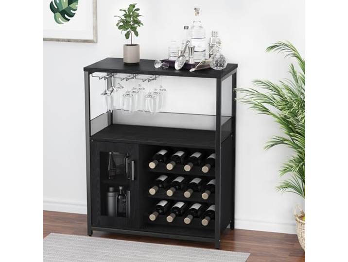Euker Weinbar-Schrank mit abnehmbarem Weinregal, Glashalter & Gittertür – Kleiner Sideboard für Spirituosen – Schwarz