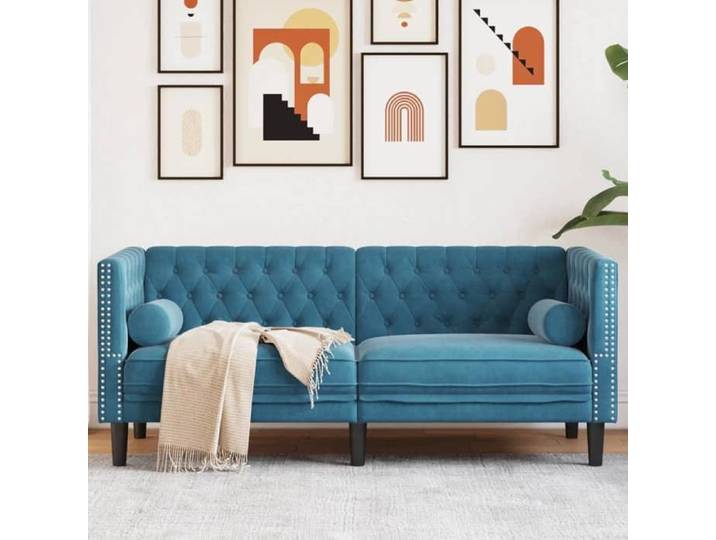 Canapé Chesterfield avec traversins 2 places bleu velours 372691
