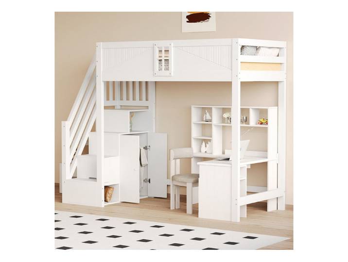 MODFU Kinderbett Multifunktionelles Hochbett 90x200 cm (mit Sicherheits-Tür, seitlicher Leiter austauschbar, 90x200 cm), ohne Matratze