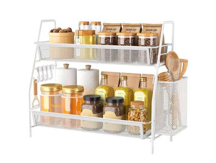 Étagère à épices 2 étages acier inoxydable - porte-épices organisateur cuisine pour comptoir support rangement condiment blanc