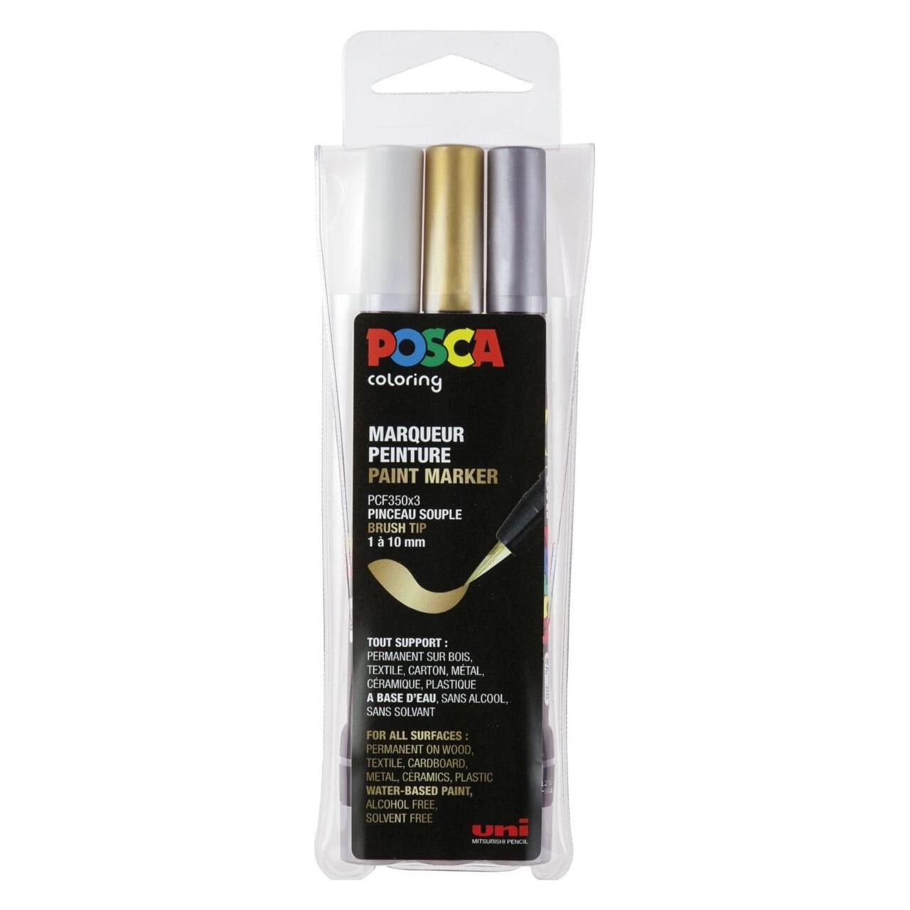 Posca pensel marker saet PCF-350, tre farver, guld, sølv og hvid (3x) (401648)
