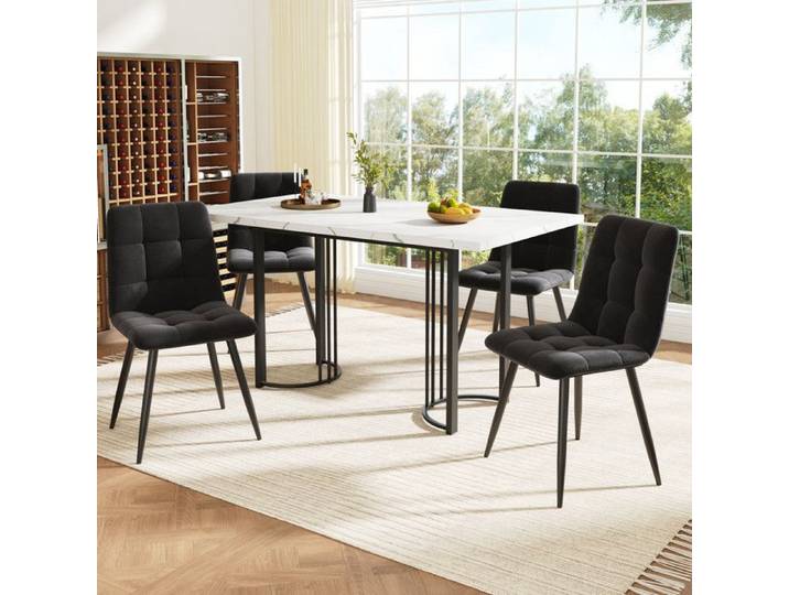 Table à Manger - Rectangulaire Extensible 140-180cm - 4 Chaises Velours - Noir et Blanc - Design Moderne