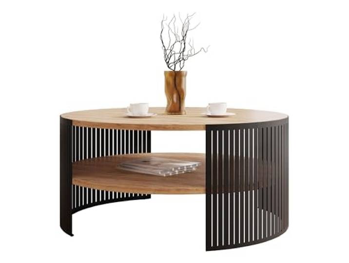 Mirjan24 Couchtisch Fahugin, runde Form (Eiche Craft Gold, Schwarz) Kaffeetisch mit praktischem Ablageboden, Ø 75 cm, stabilem Metallgestell und pflegeleichter Tischplatte