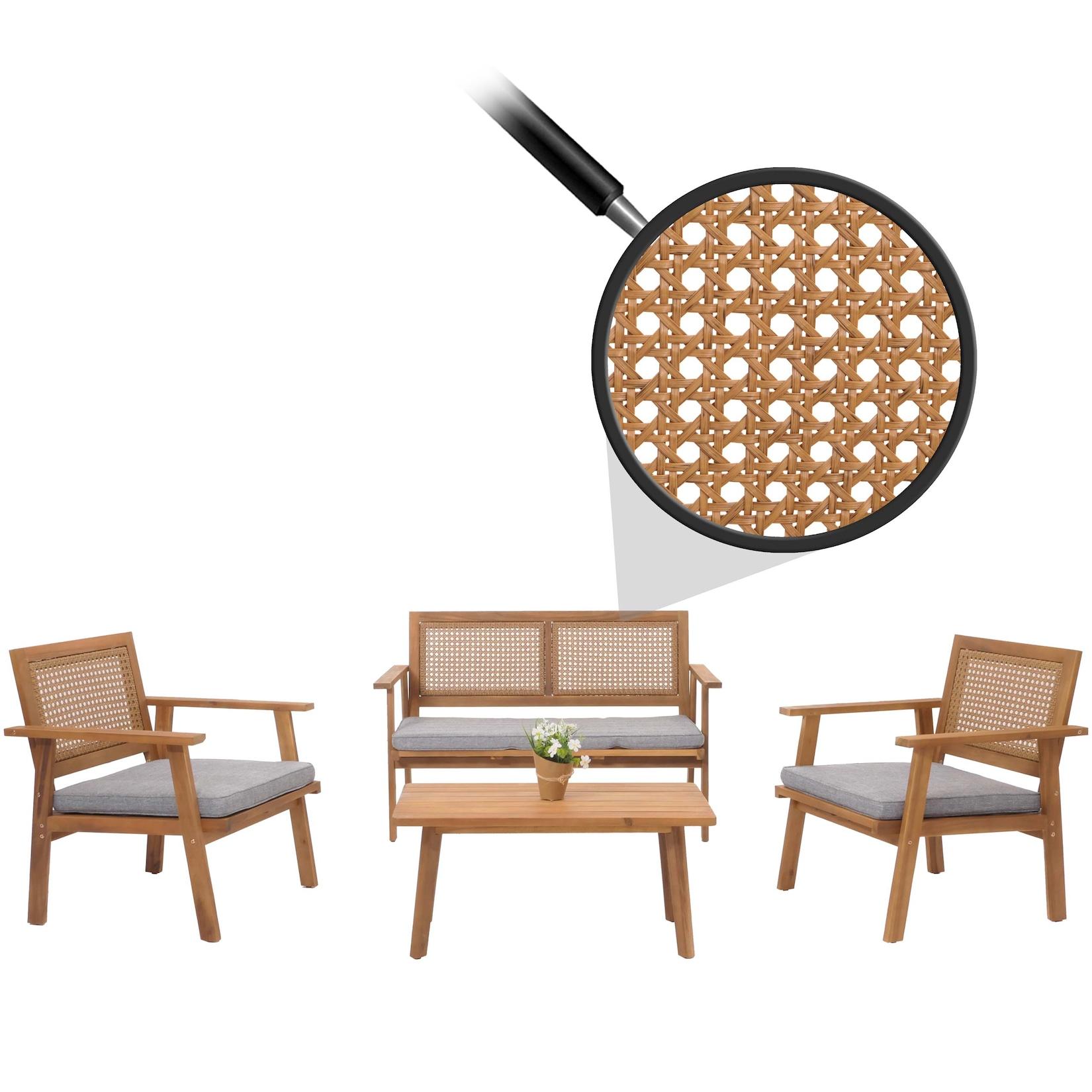 Garten-Garnitur MCW-N46, Lounge-Set Gartenlounge Bank Sessel Tisch, Holz Akazie MVG-zertifiziert ~ Kissen grau