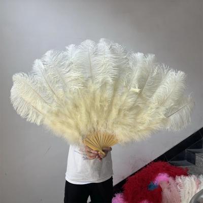 Uplifted Finds Grand Ostrich Feather Folding Fan   Professional Stage & Carnival Dance Fan beige 100 Cm 1pc + 130 Cm 1pc