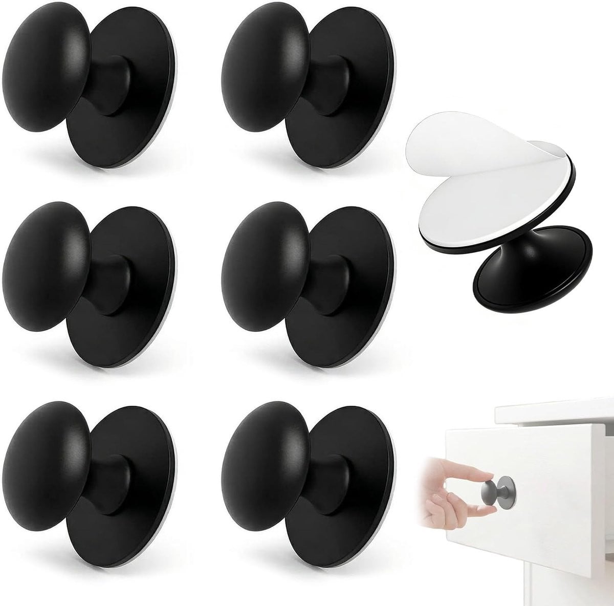 Set van 6 ronde zwarte meubelknoppen van RVS, zelfklevend, voor lades, kasten en glas
