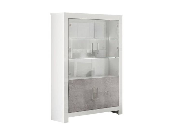 DENAE - Vitrine 4 Portes Laquée Blanc Brillant et Gris Marbré avec Leds