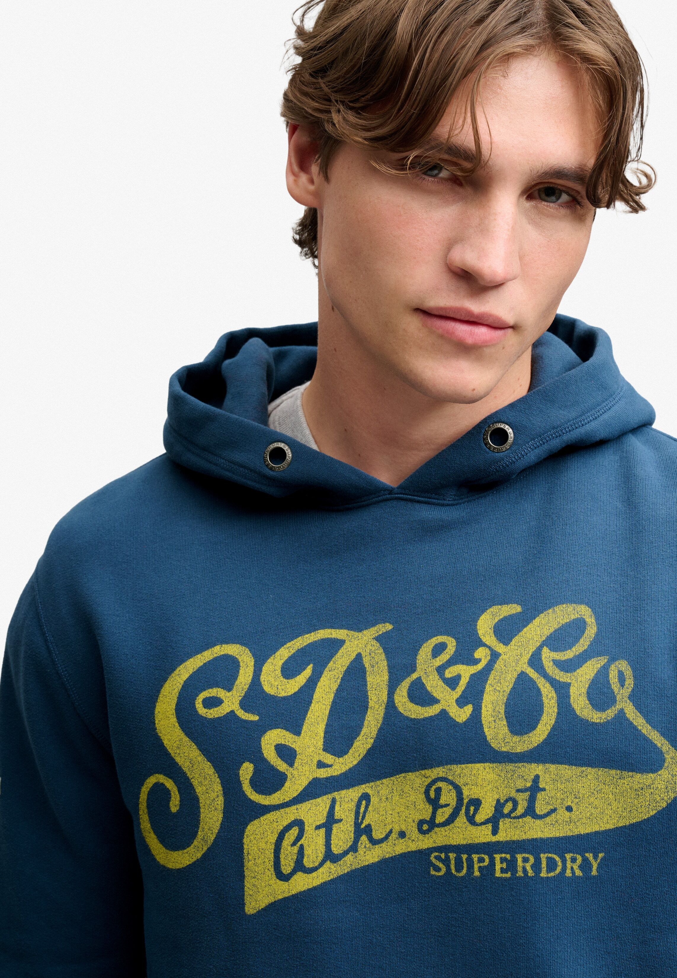 Kapuzensweatshirt SUPERDRY "VINTAGE SCRIPT HOOD", Herren, Gr. S, blau (skate navy), angeraute Sweatware, Obermaterial: 80% Baumwolle, 20% Polyester, bedruckt, relaxed fit normal, Rundhals, Rippbündchen, Sweatshirts Kapuzensweatshirt, Baumwollmischung, rel