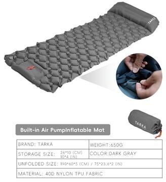 Top Demand Picks TARKA Inflatable Camping Mat With Pillow, Built In Pump, Self Inflating Air Mattress For Outdoor Hiking, Travel & Double dark Grey