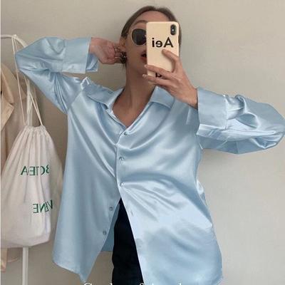 Uplift Treasures Elegant Satin Long Sleeve Womens Shirt blue xxl(us 14)