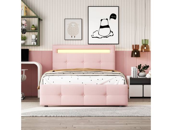 Lit coussiné KOMHTOM 90x200 cm, lit simple plat avec rembourrage en lin doux pour la peau, éclairage LED et 2 tiroirs