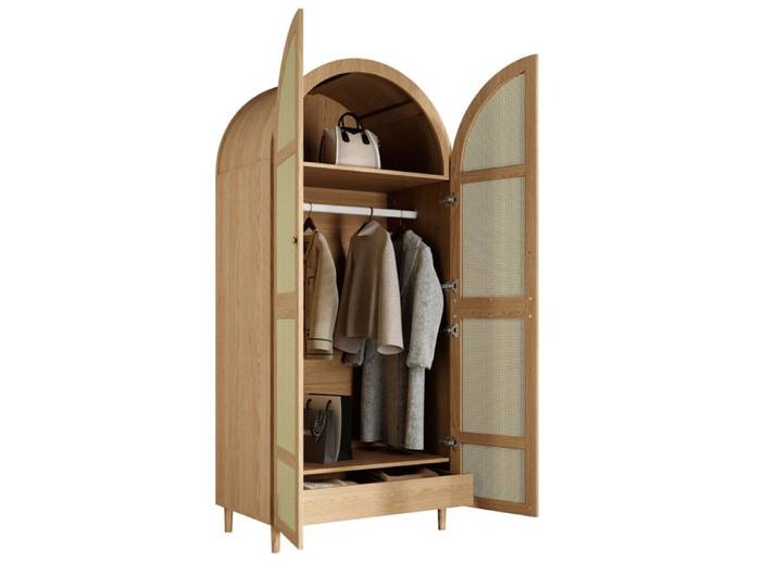 Armoire moderne – porte courbée en rotin – tringle à vêtements – tiroir – naturel