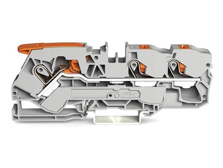 3-draads doorgangsklemmenblok met hendel en drukknop 10 mm², grijs