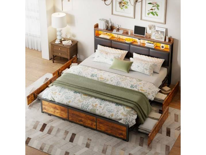Lit Industriel avec4 Tiroirs Lit Double 140×200cm avecLED Lit Adulte Pour2 Personnes SommierMétallique enNoir PU