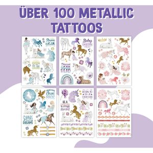 Papierdrachen Temporäre-Tattoos B005-002-012, farbig, Einhörner, 6 Blatt, 100 Tattoos