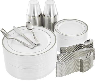 Elama 600 Piece Disposable Plastic Dinnerware Party Set for 100 Guests in White with Silver Trim