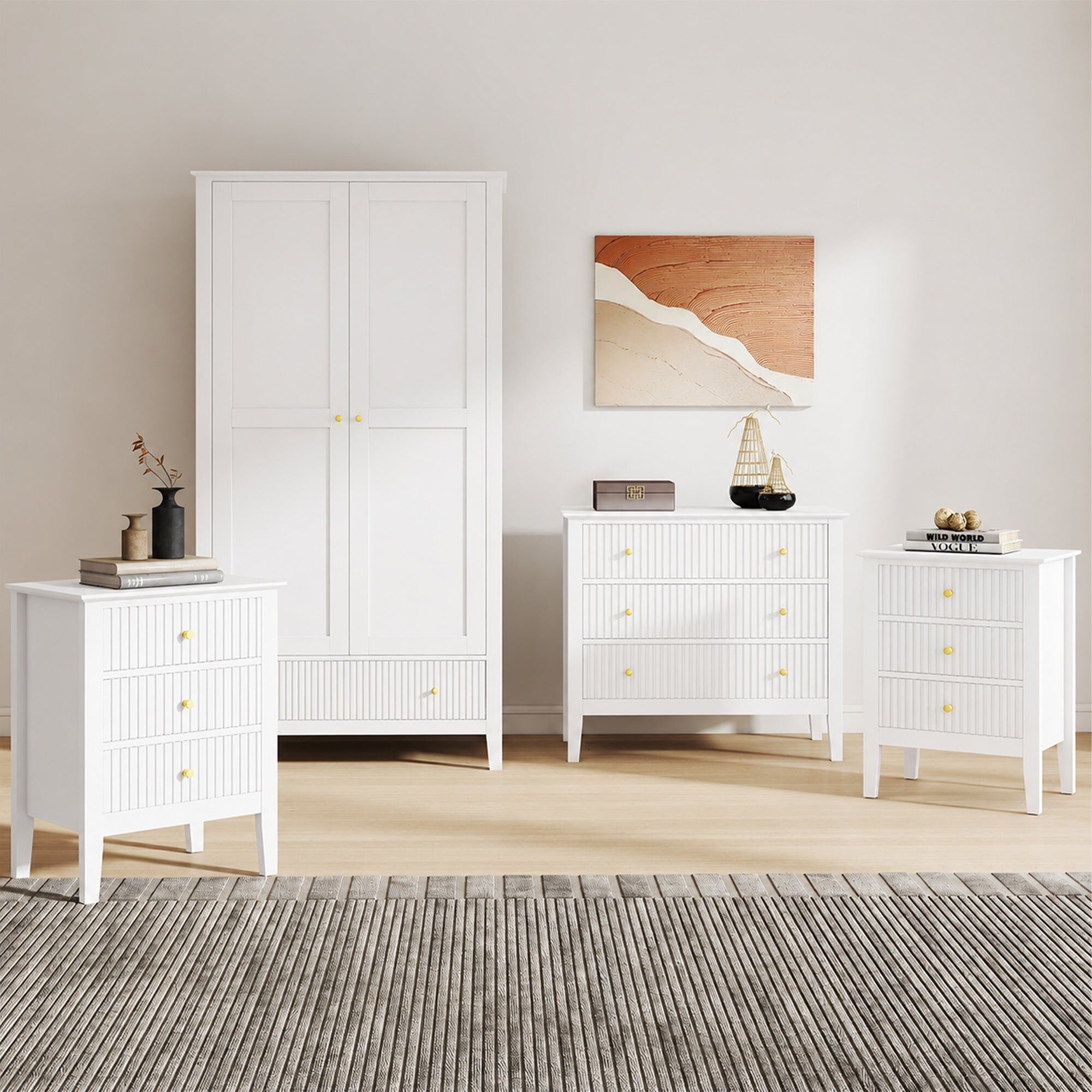 Double Wardrobe, 3 Drawer Chest of Drawers & Pair of Bedside Tables - Hales White Range Manufactured Wood, Metal