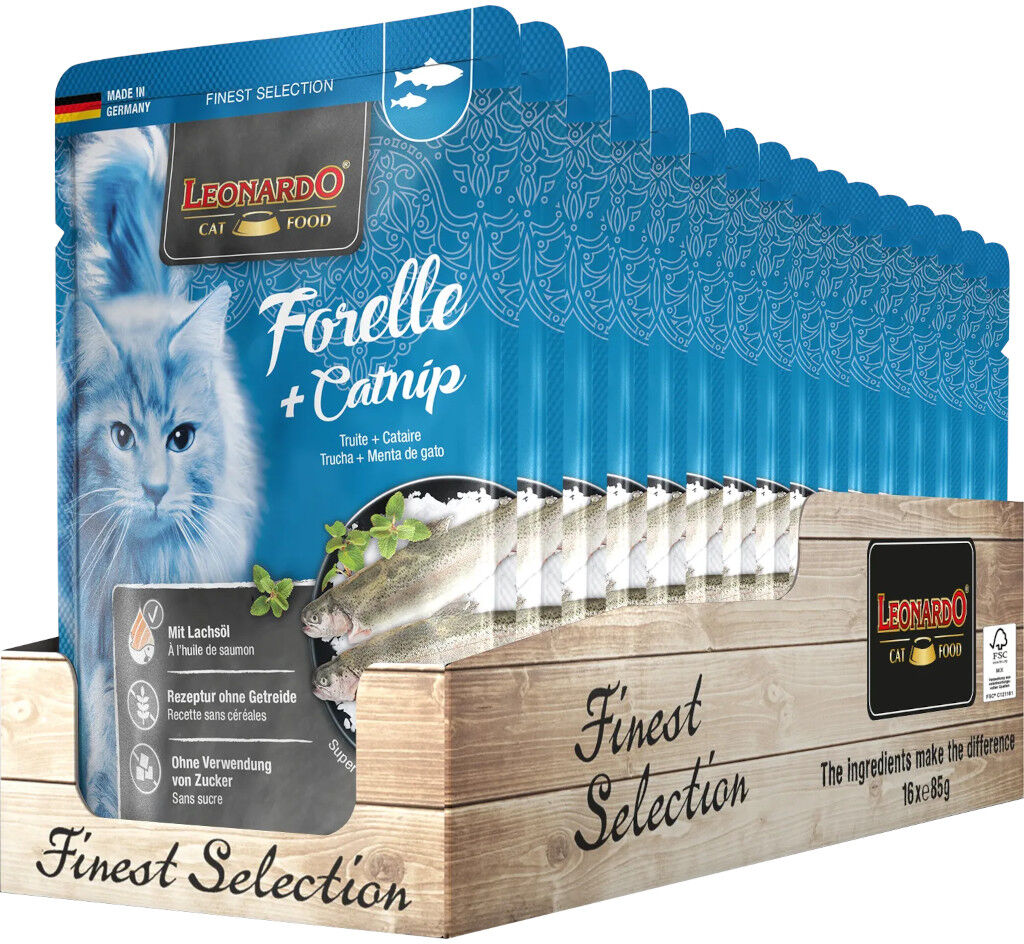 16 x 85 g Leonardo Finest Alimento Cibo Umido per Gatti Adulti Ricetta Senza Cereali e Zucchero con Trota Erba Gatta e Olio di Salmone