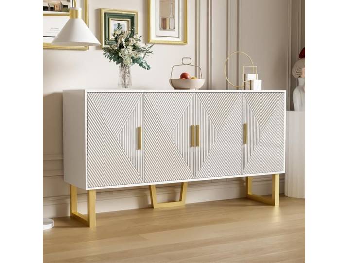 Buffet Blanc 150cm Moderne Luxe - Portes Texturées Haute Brilliance avec Poignées Dorées - 4 Portes et Étages Réglables
