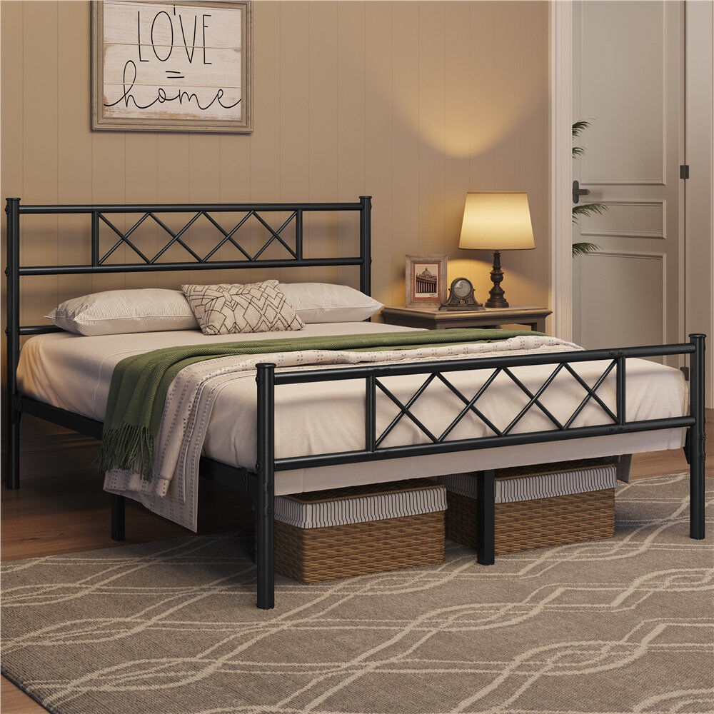 Yaheetech Modern Metal Bed Frame with Cross-design Headboard & Footboard Black Double (4'6)