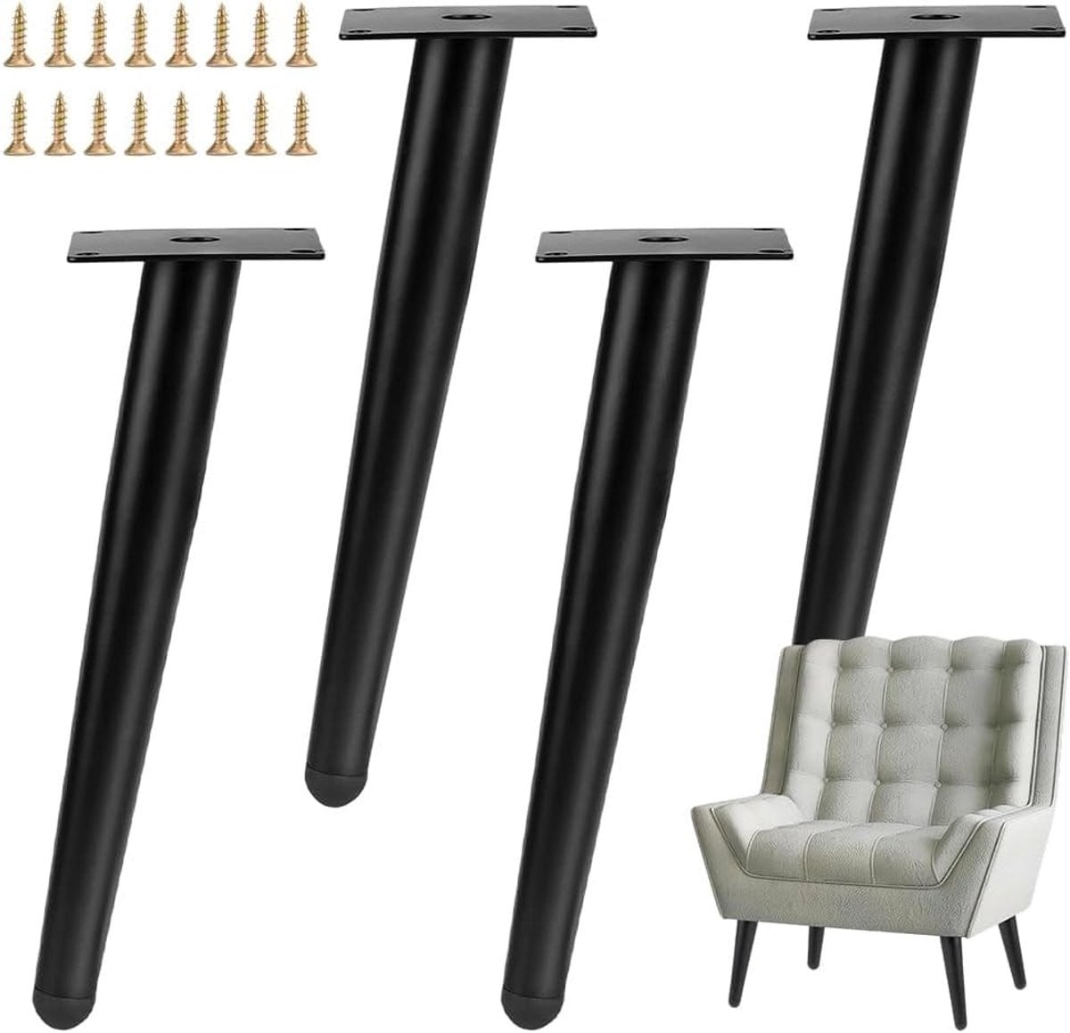 Set van 4 zwarte kegelvormige tafelpoten van 40 cm met antislip bescherming