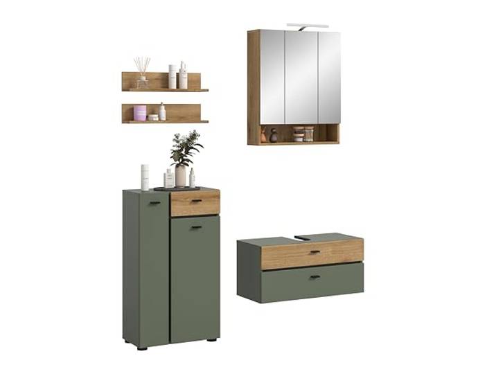 xonox.home – Badkombination inkl. Beleuchtung Aqua 141x191x35 cm in Sage Green & Evoke Oak – 4-teiliges Set mit Aufsatzleuchte & Wandregal – Harmonisches Farbspiel, langlebig & besonders funktionell