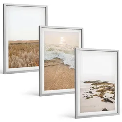 BILDER SET 3er Set - 40x60 cm Silberner Rahmen - Strandwellen, Steine, Sommer