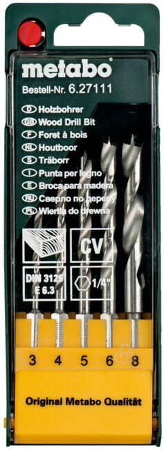 Coffret de mèches à bois. 5 pièces E 6.3 metabo (627111000)