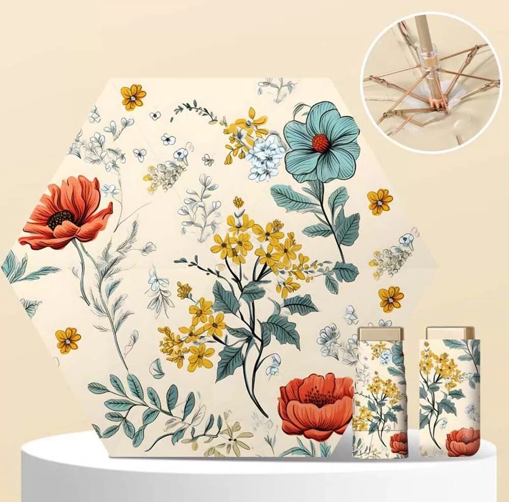 INF Ultraleichter, kleiner, flacher, sechsfach faltbarer Regenschirm - Floral Dream (Goldrahmen + Farbkleber)