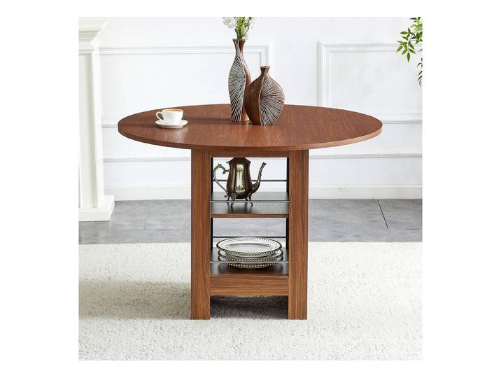 BBWL Esstisch 100 cm mit Stauraum MDF Walnuss Holzoptik Metallrahmen, Runder Esstisch für 2–4 Personen Küche Esszimme