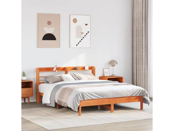 RJPLMFV Bettgestell, Massivholz, Kiefer, 135 x 190 cm, Braun Mit Kopfteil, 3 Regalböden, Lattenrost inklusive, ohne Matratze