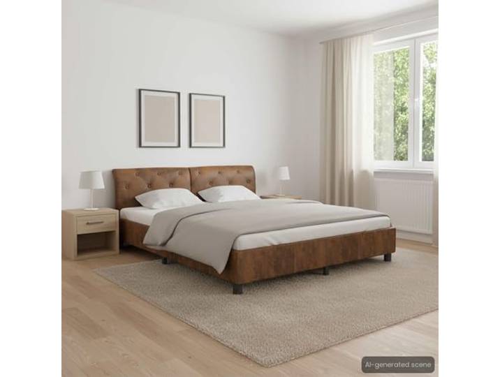 KGHFDVB Bett 212 x 184 x 64 cm aus MDF Braun 180 x 200 Rahmen Rahmen aus massivem Pappelholz, MDF und Sperrholz, pulverbeschichtete Stahlbeine, Lattenrost inklusive, gepolstertes