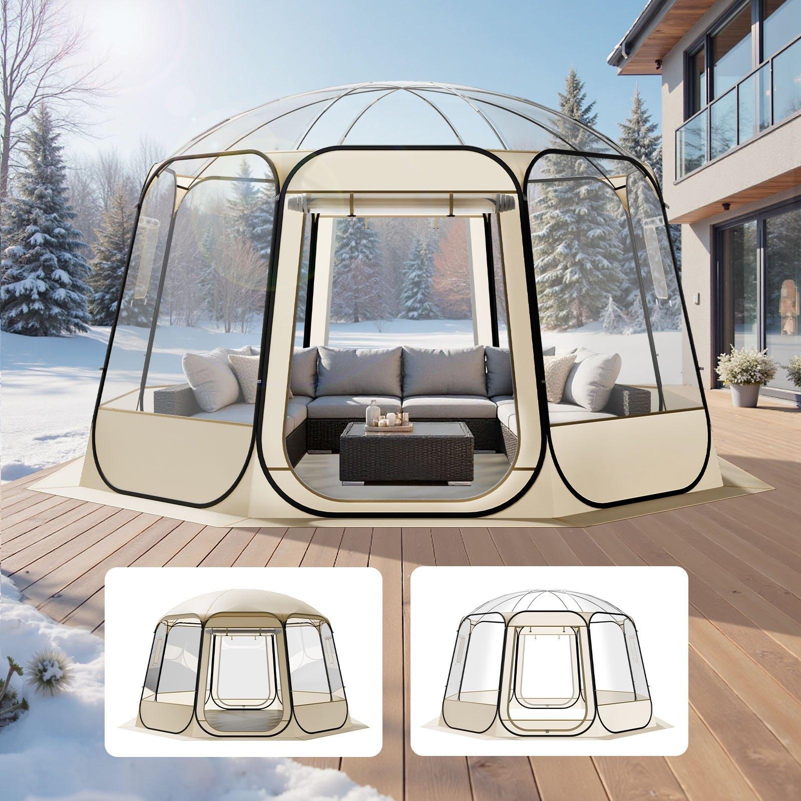 Pop-up Bubble-Zelt - Kuppel-Iglu-Zelt - 366 x 345 x 220 cm - Schnellaufbau - Panoramablick - Mit Fenstern - Für Terrasse & Garten - Für 10-12 Personen - Transparent