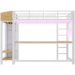 MODFU Hochbett Metall Weiß 90x200 cm, gewerblich geeignet, mit Schreibtisch, Stauraum und LED-Beleuchtung