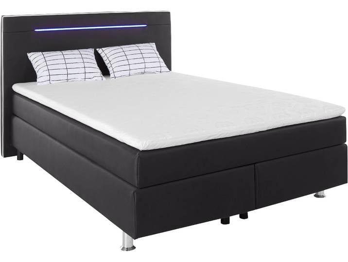 Boxspringbett, Schwarz & Weiß, 140x200 cm, Holzwerkstoff, Mit Topper & LED-Beleuchtung, Modern, COLLECTION-AB