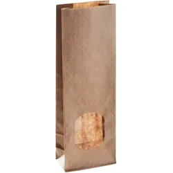 1000 Blockbodenbeutel Papier mit Fenster 55 x 30 x 175 mm, Kraftpapier, OPP, braun